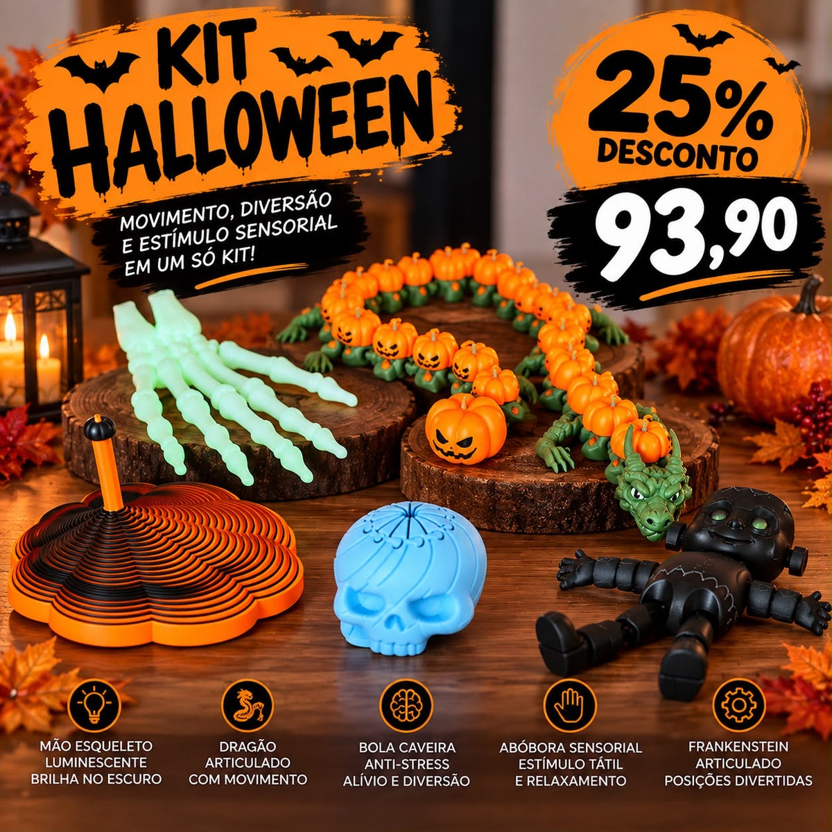 Kit Halloween Sensorial & Articulado — 5 Produtos | 25% de desconto