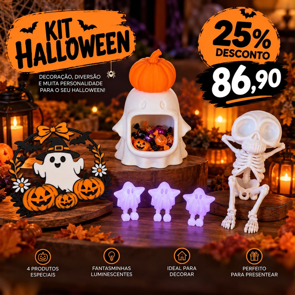 Kit Halloween Fantasmas — 4 Peças | 25% de desconto